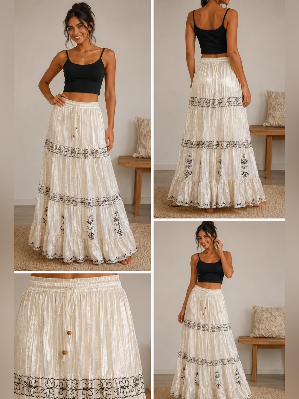 Young Threads Boho Embroidered Tiered Maxi Skirt โ White NWT LG - Picture 8 of 8